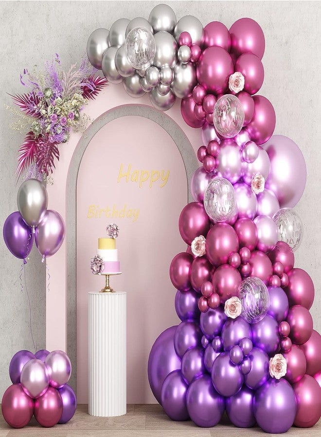 Flyloons 25 pcs Dark Pink Light Pink Purple Silver Metallic Chrome Balloons for Birthday Decoration items celebration Anniversary Girls Boys Men Women